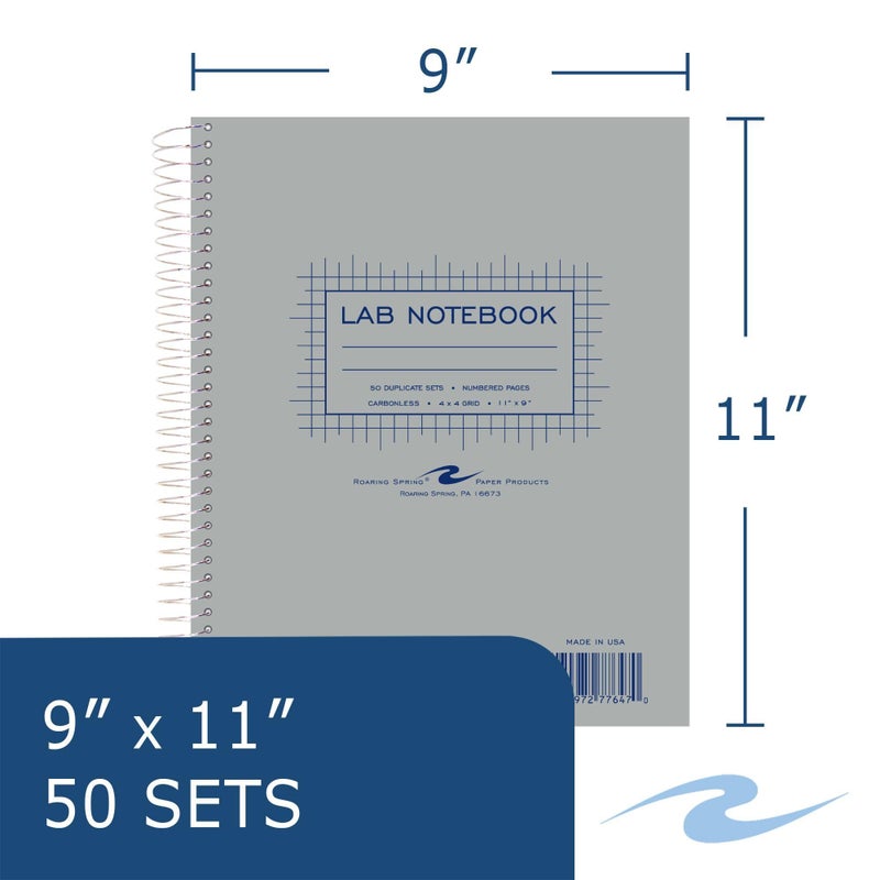 ROARING SPRING Science Lab Notebook, 4x4 Graph Ruled, 50 Numbered Carbonless Sets, 11" x 9", White/Blue Paper, Proudly Made in USA, Hard Board Cover - Image 2